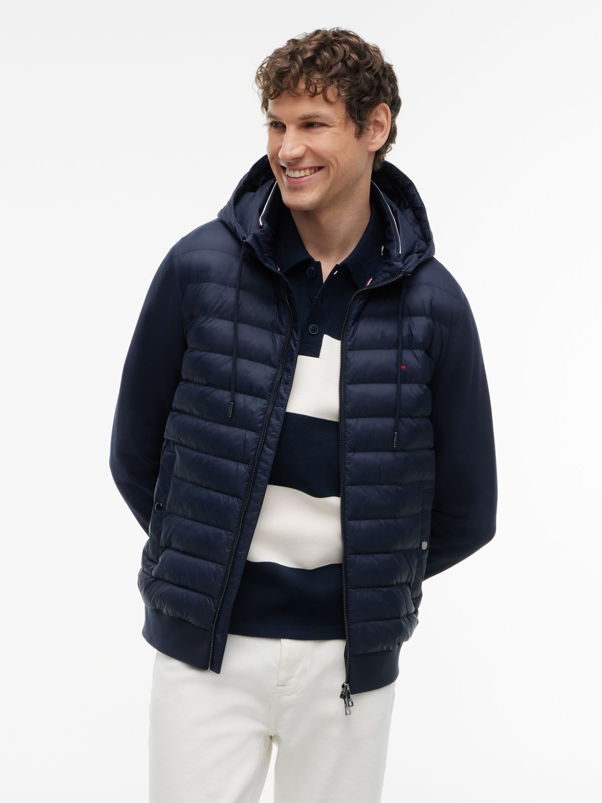 Mixed Texture Zip-Thru Hooded Sweatshirt — Blue