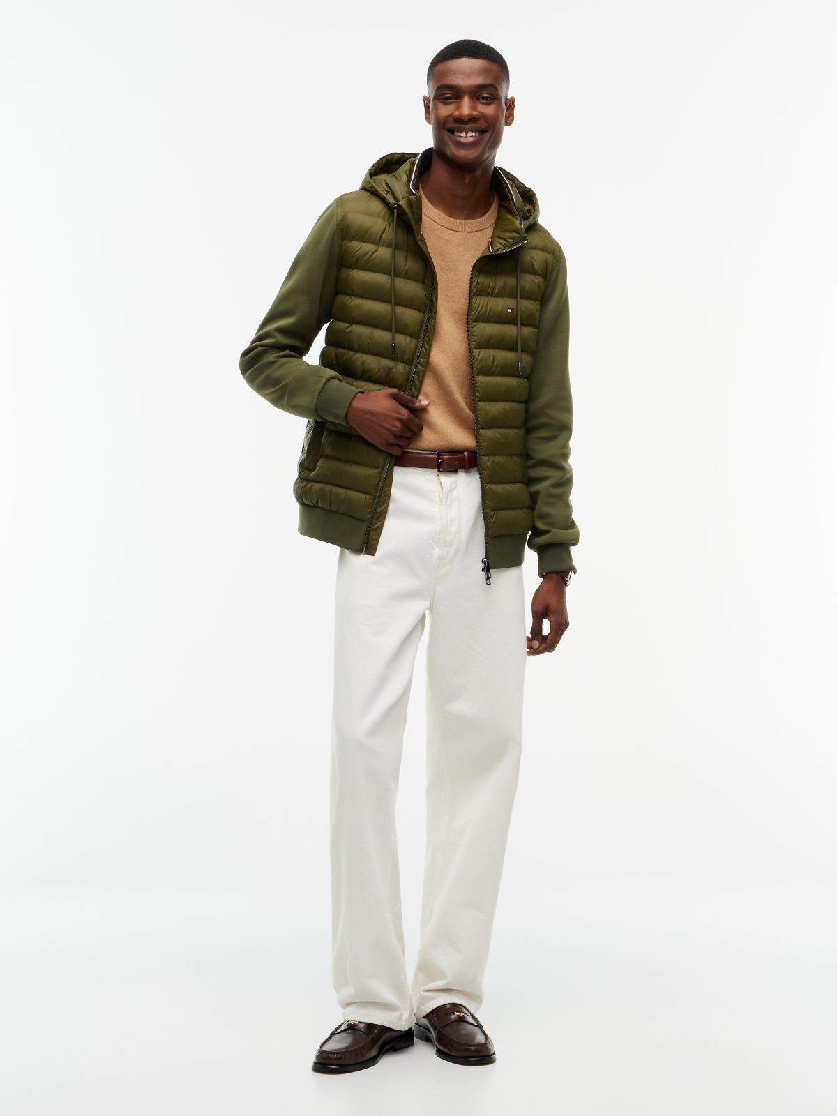Mixed Texture Zip-Thru Hooded Sweatshirt — Green