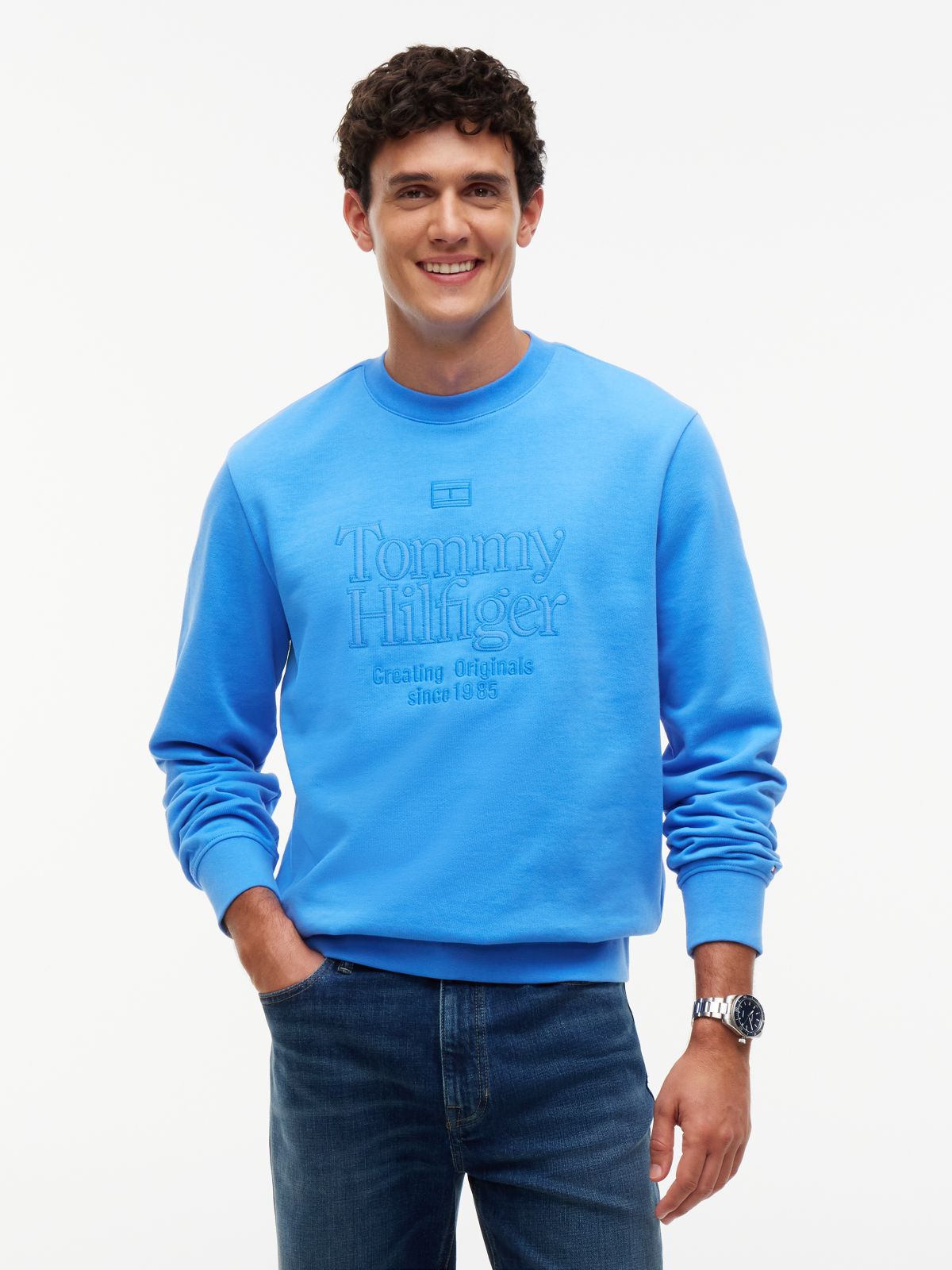 Tonal Logo Embroidery Relaxed Sweatshirt — Blue