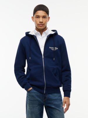 blue terry hoodie met rits en print op de rug voor heren - tommy hilfiger