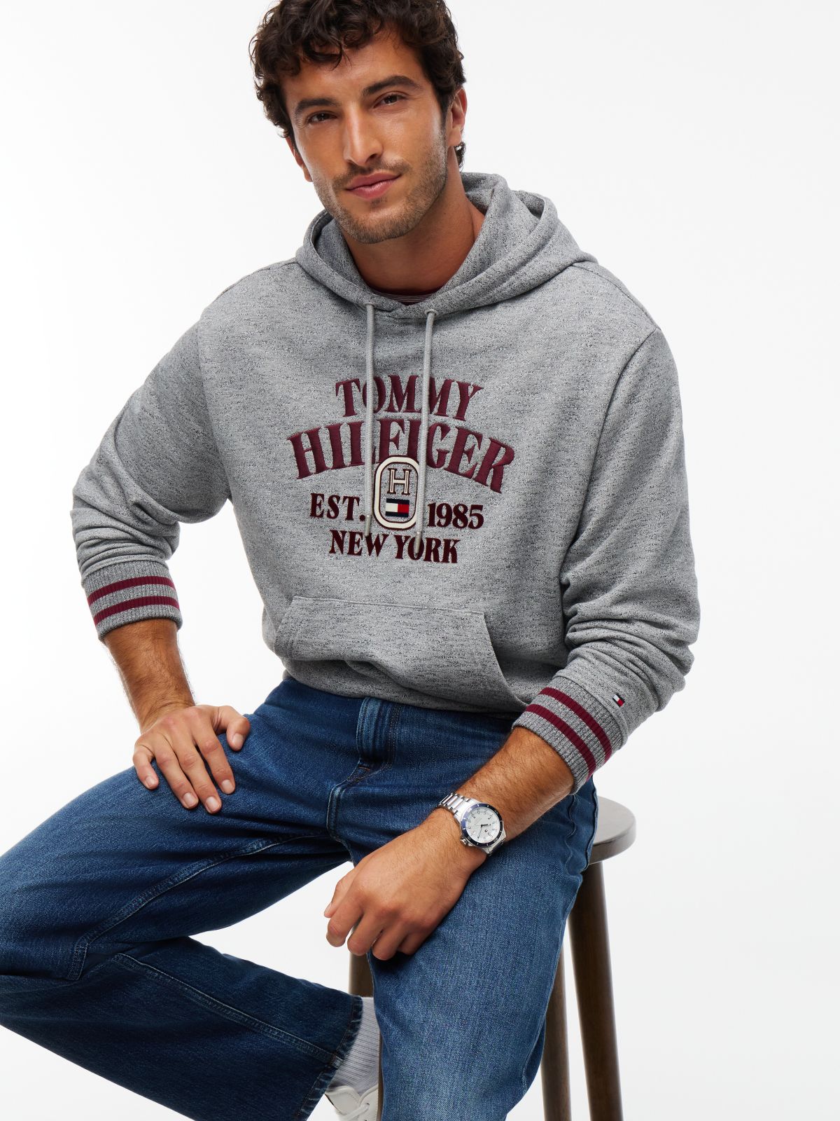Varsity Logo Embroidery Relaxed Hoody — Grey