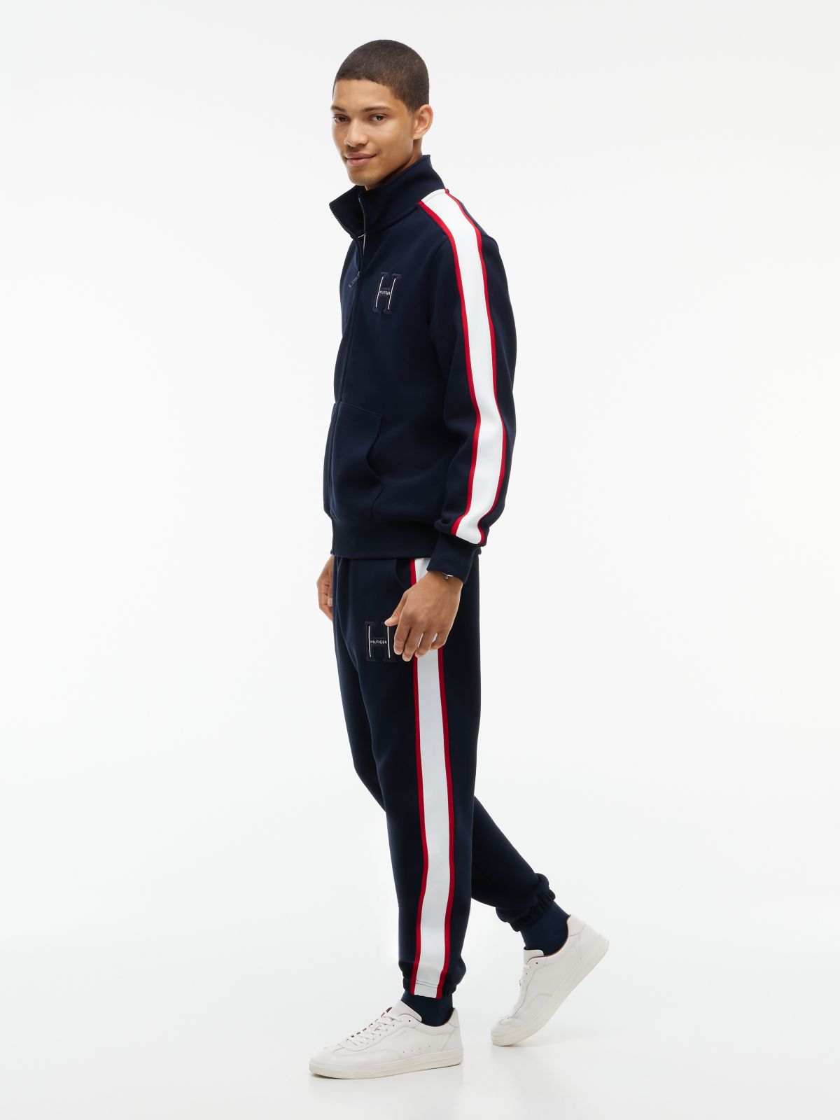 Contrast Stripe Pique Zip-Thru Sweatshirt — Blue
