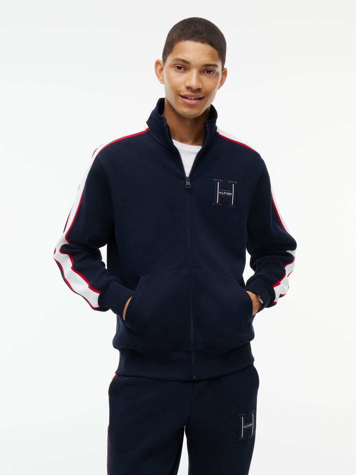 Contrast Stripe Pique Zip-Thru Sweatshirt — Blue