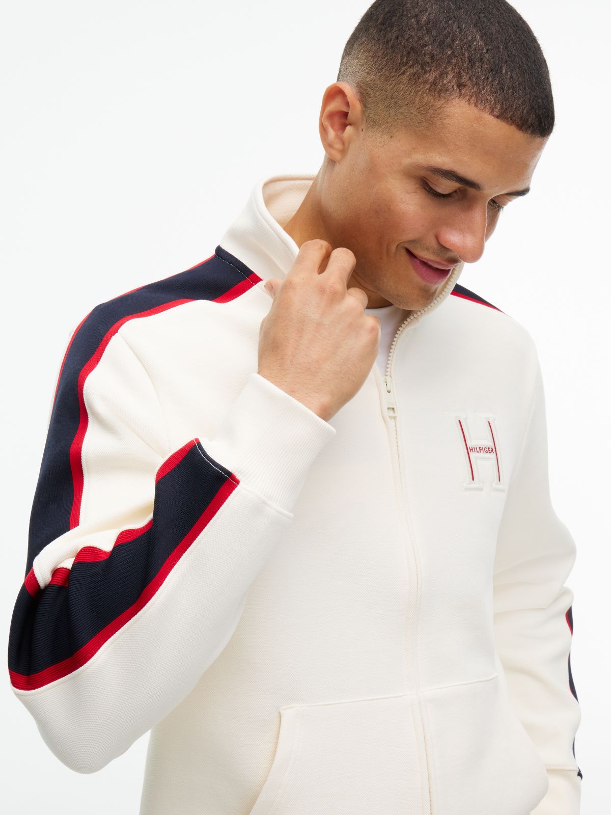 Contrast Stripe Pique Zip-Thru Sweatshirt — Yellow