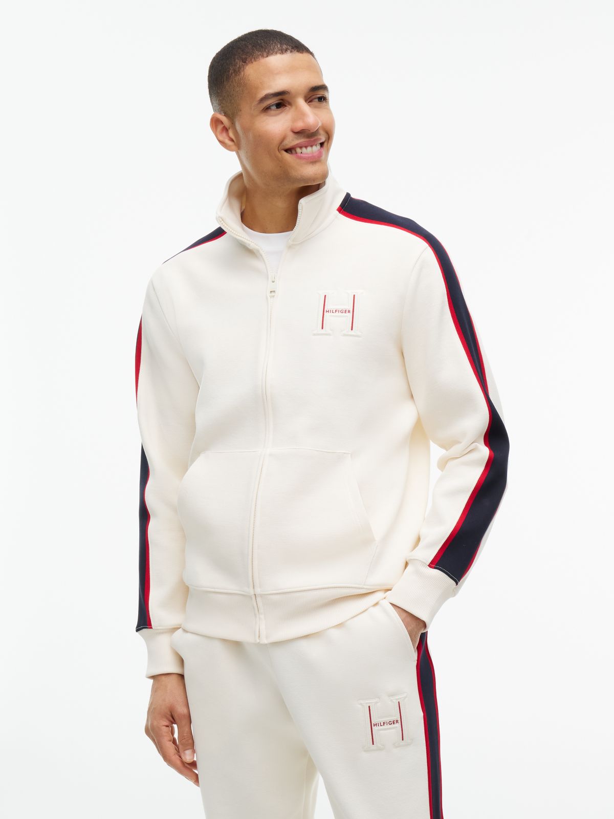 Contrast Stripe Pique Zip-Thru Sweatshirt — Yellow