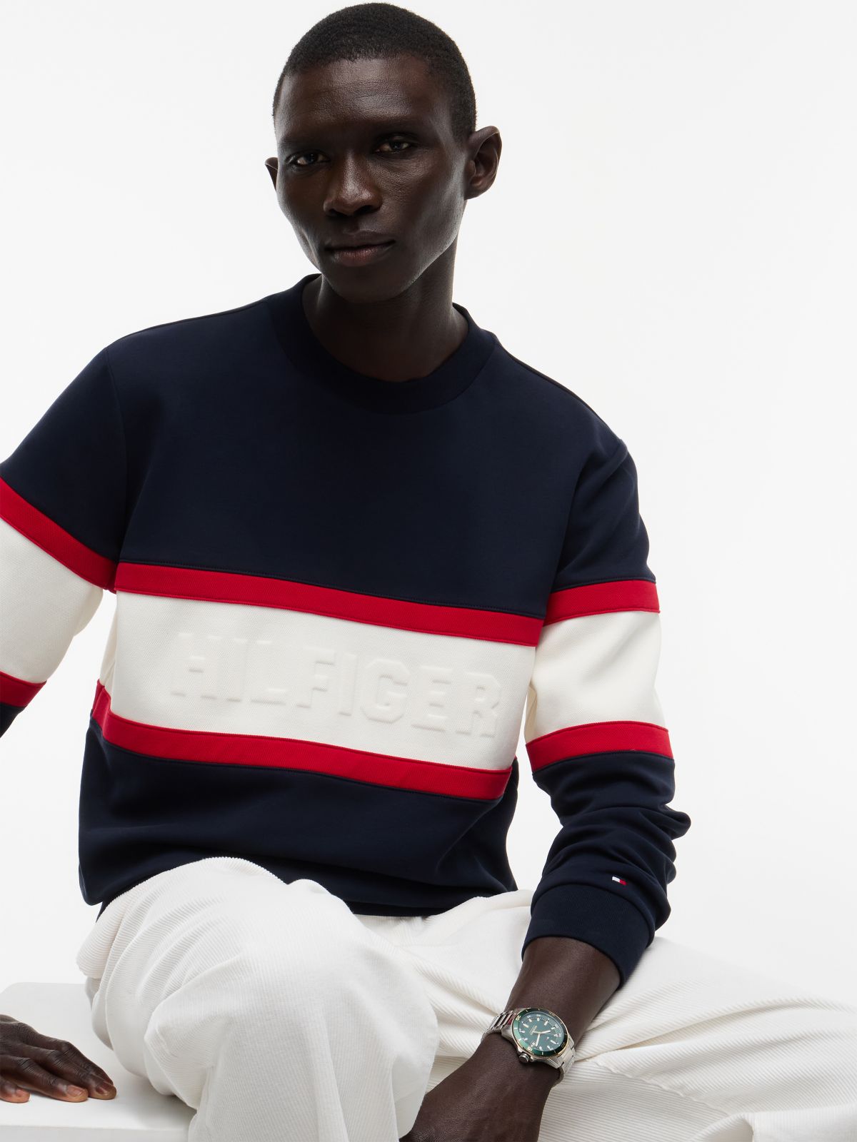 Colour-Blocked Intecho Knit Sweatshirt — Blue