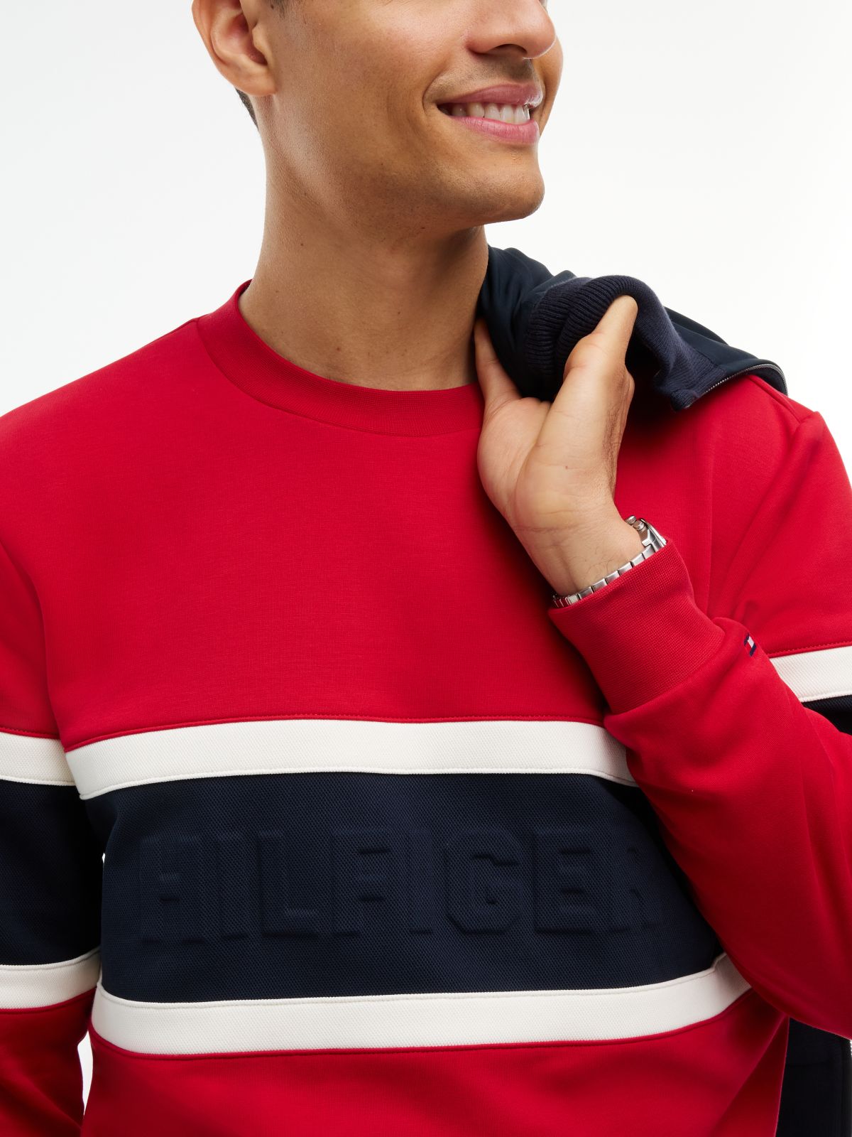 Colour-Blocked Intecho Knit Sweatshirt — Red