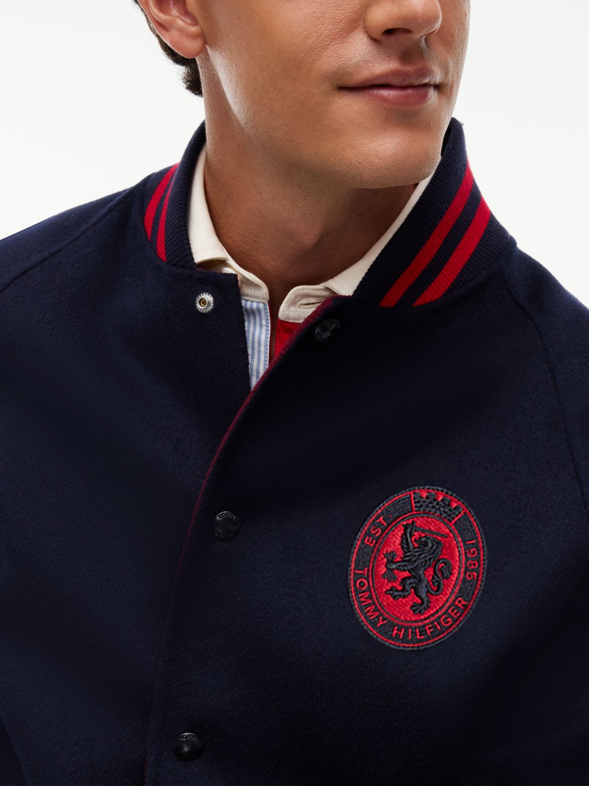 Crest Wool Blend Varsity Jacket — Blue