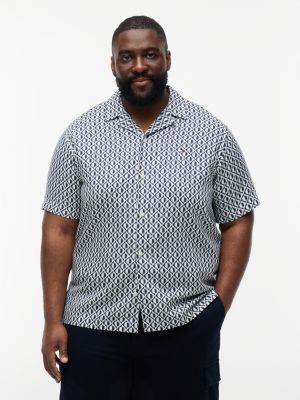 blue plus regular linnenmix overhemd met korte mouwen en print voor heren - tommy hilfiger