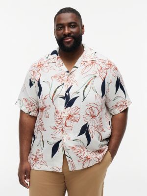 white plus regular linnen overhemd met korte mouwen en tropische print voor heren - tommy hilfiger