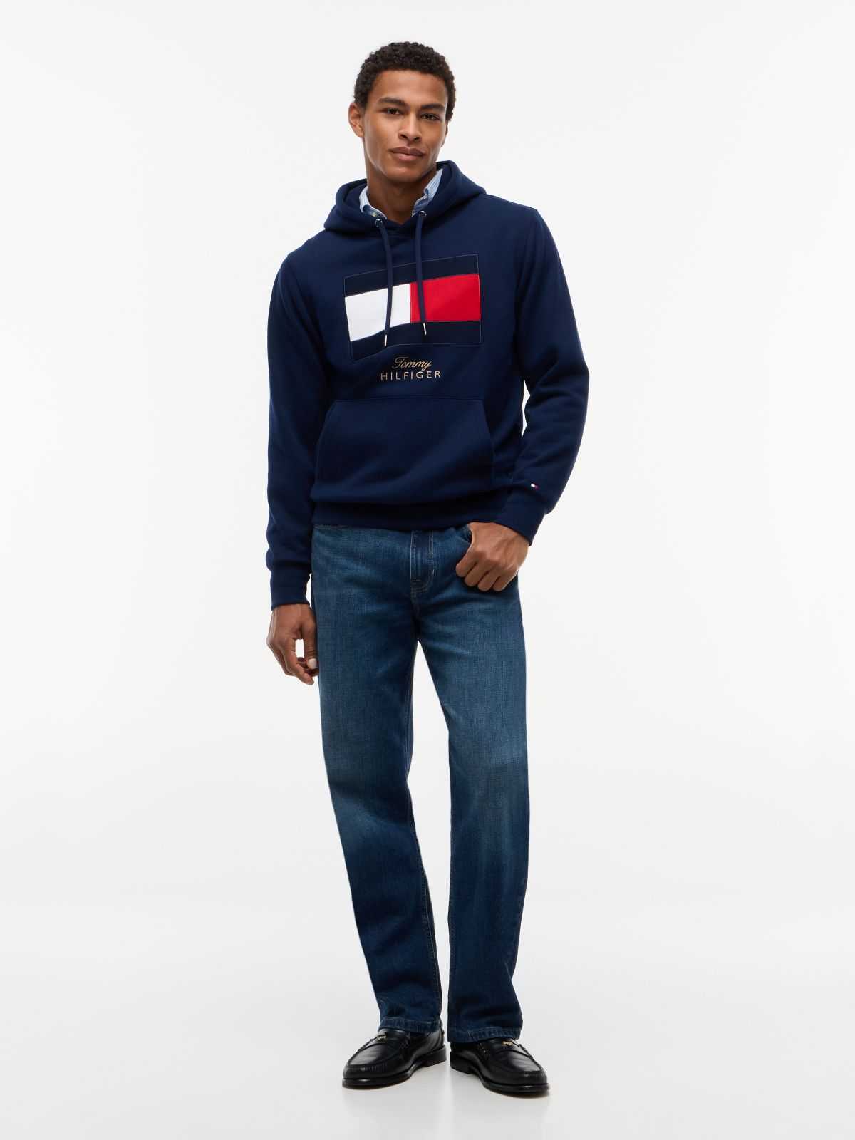 Flag Embroidery Logo Fleece Hoody — Blue