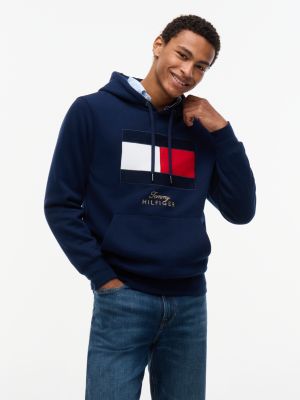 blue flag embroidery logo fleece hoody for men tommy hilfiger