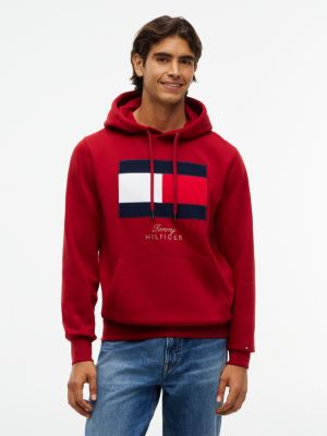 red fleece-hoodie mit logo und aufgestickter flag für herren - tommy hilfiger