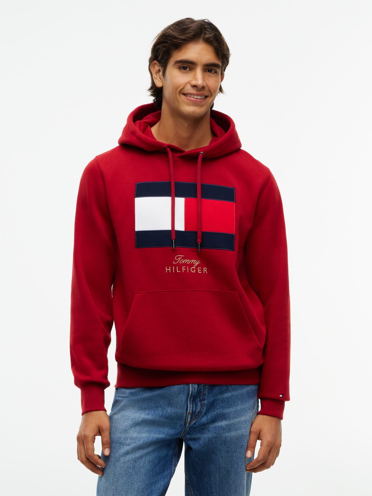 Flag Embroidery Logo Fleece Hoody — Red