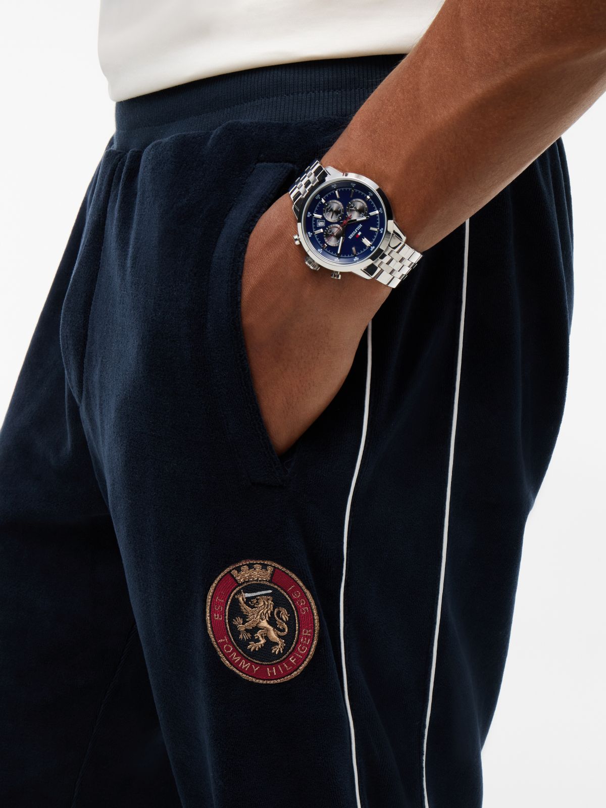 Crest Appliqué Stripe Velour Joggers — Blue