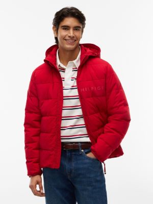 red doppellagige puffer-jacke mit kapuze für herren - tommy hilfiger