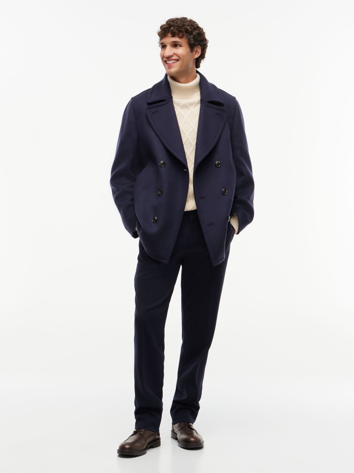 New York Label Wool Blend Relaxed Peacoat — Blue