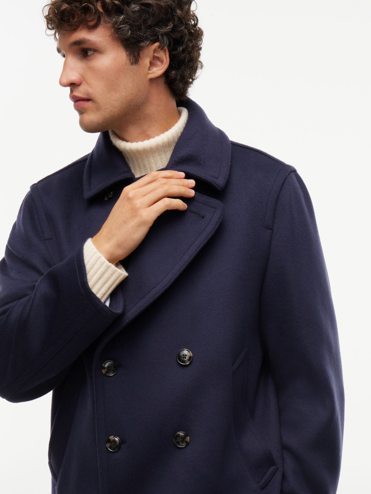 New York Label Wool Blend Relaxed Peacoat — Blue