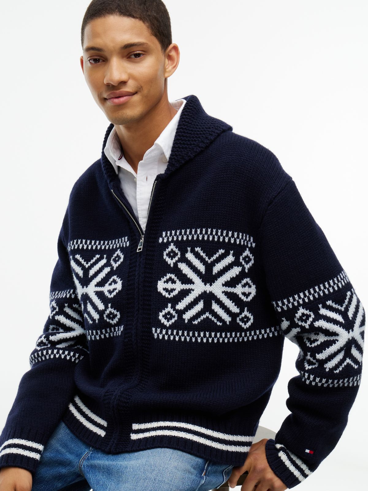 Fair Isle Wool Blend Varsity Jacket — Blue