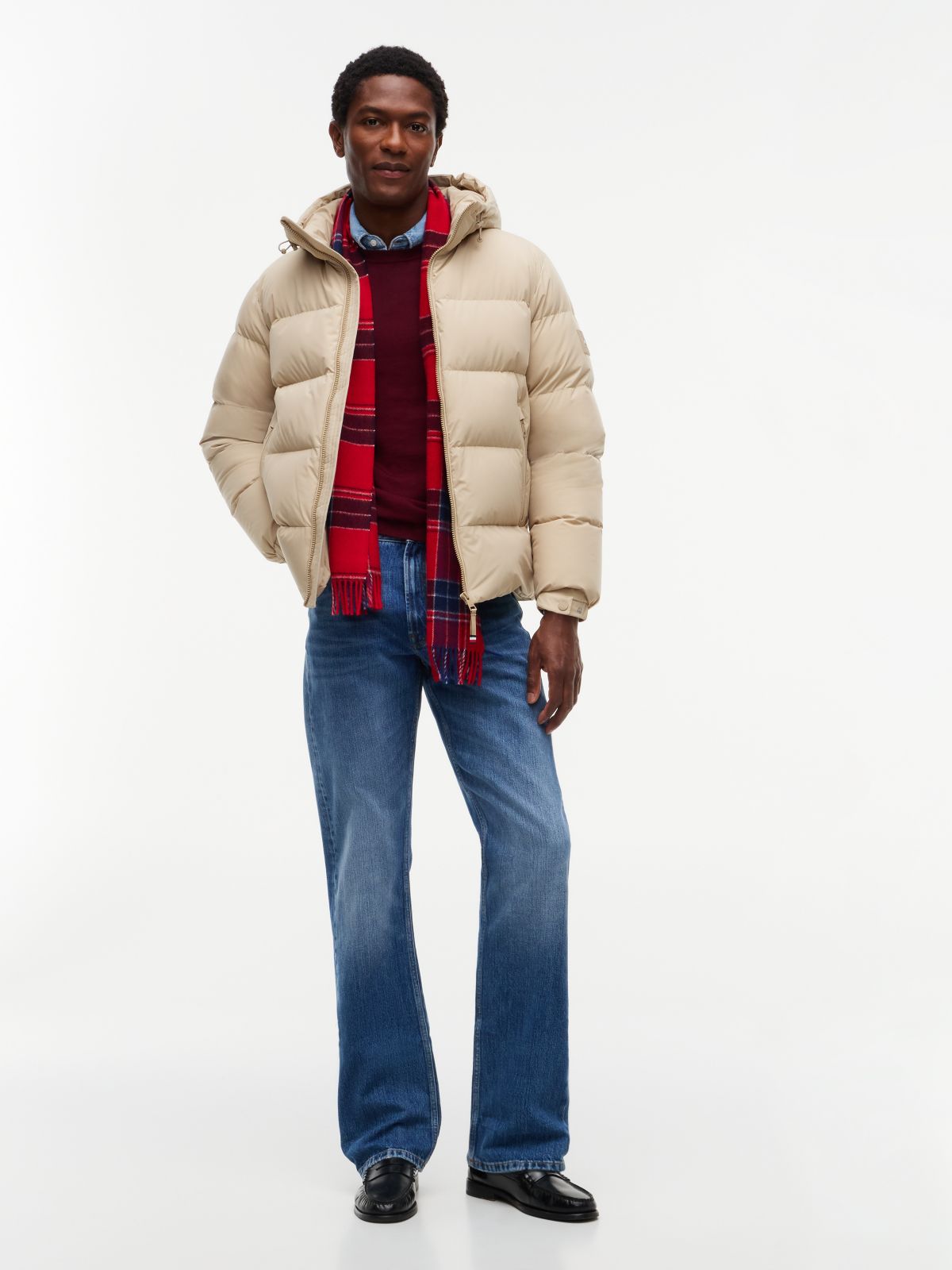 Logo Patch Down Hooded Puffer Jacket — Beige