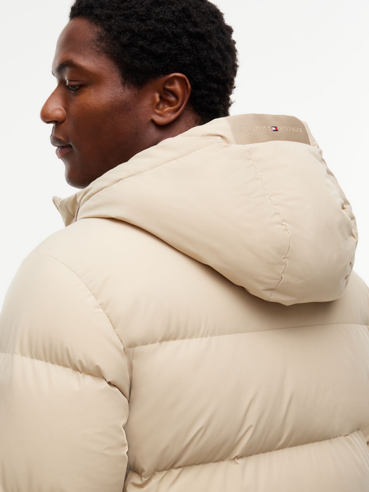 Logo Patch Down Hooded Puffer Jacket — Beige