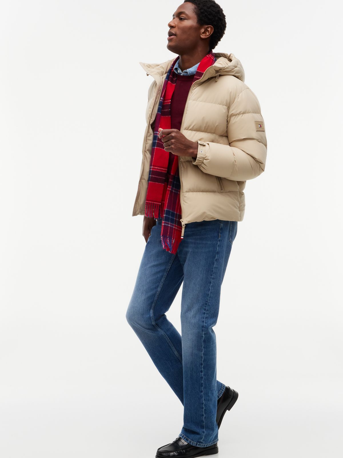Logo Patch Down Hooded Puffer Jacket — Beige