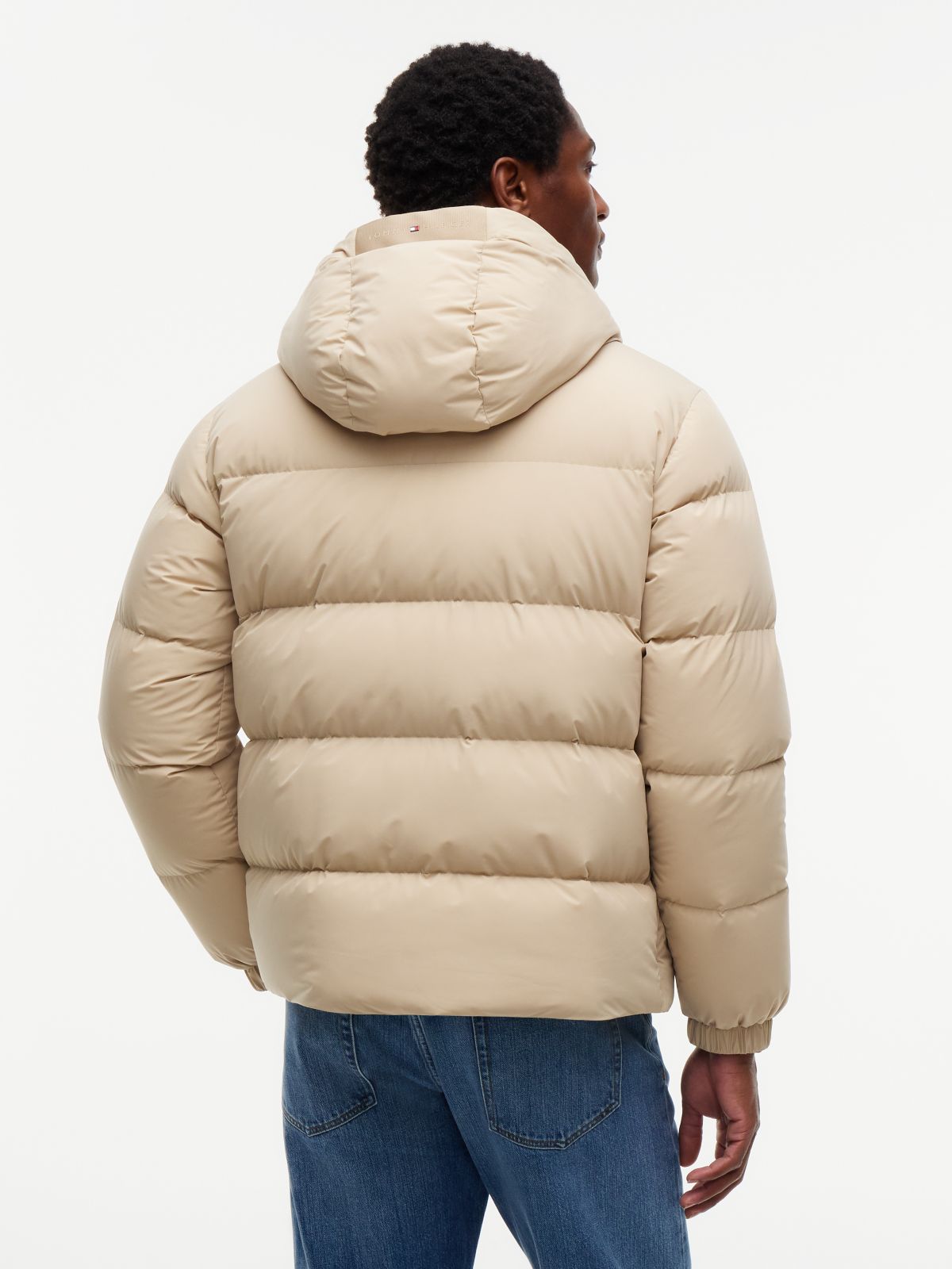 Logo Patch Down Hooded Puffer Jacket — Beige