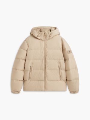 beige logo patch down hooded puffer jacket for men tommy hilfiger
