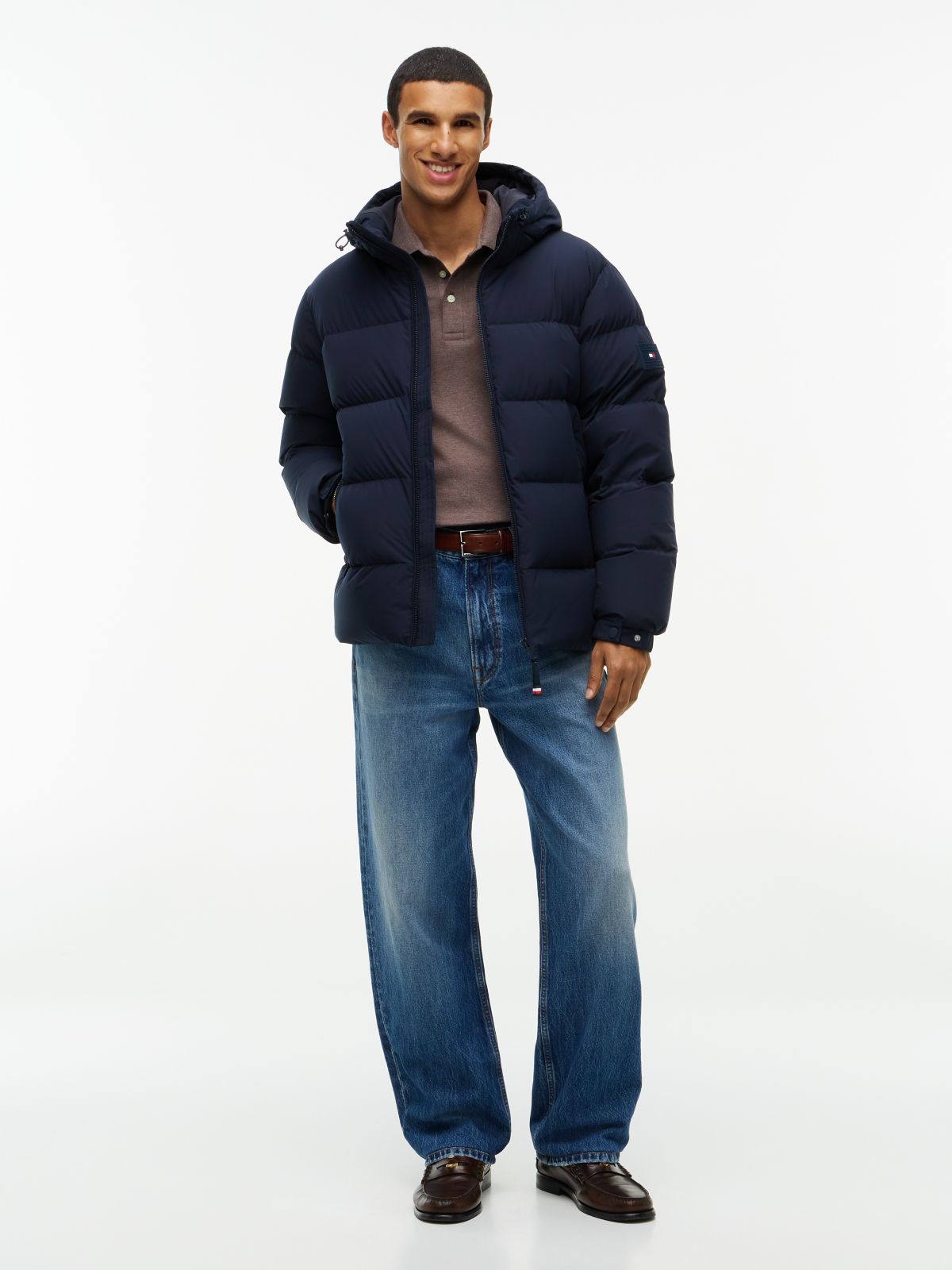 Logo Patch Down Hooded Puffer Jacket — Blue