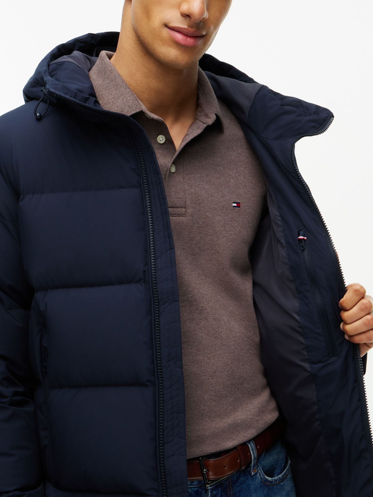 Logo Patch Down Hooded Puffer Jacket — Blue