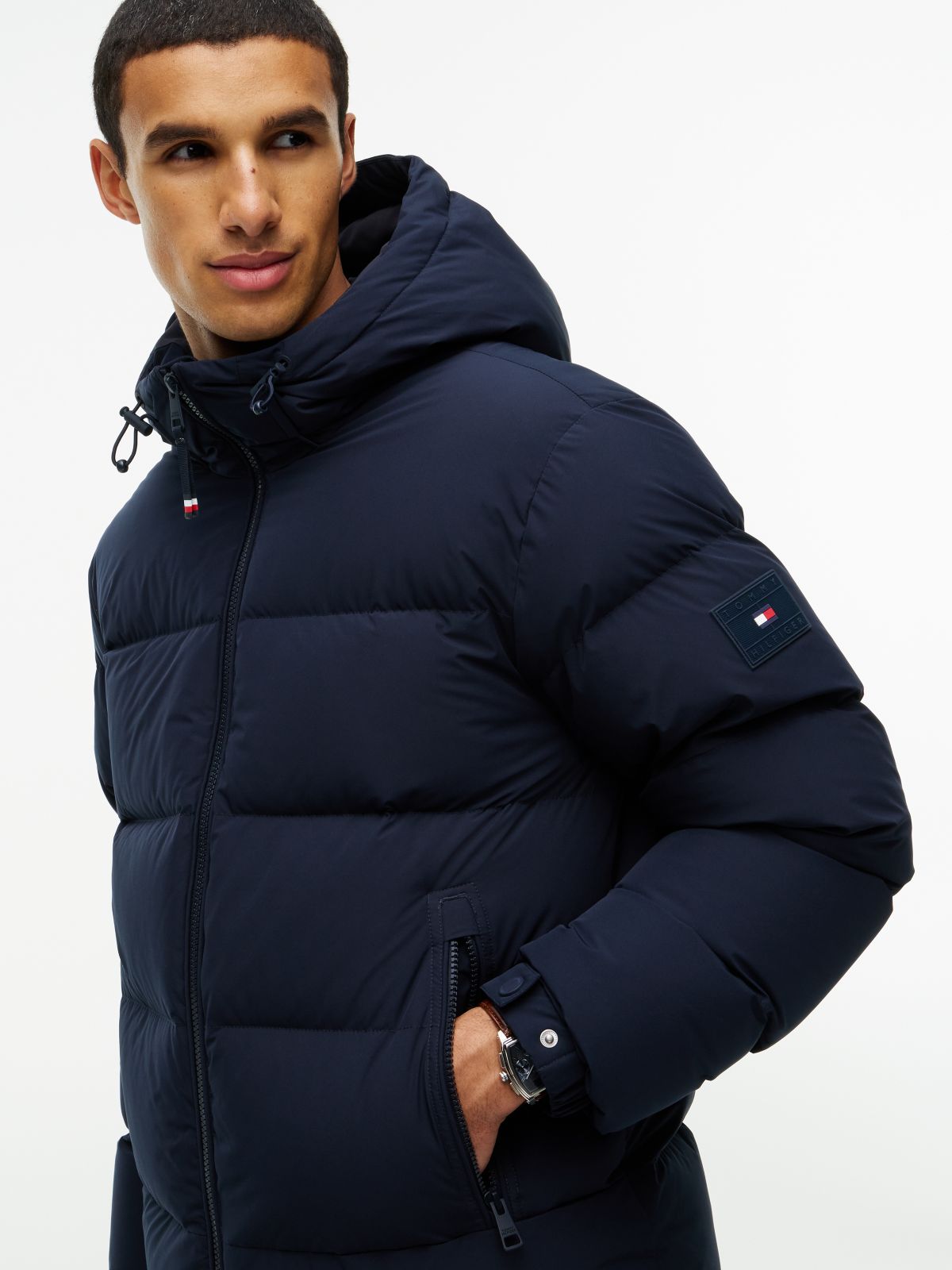 Logo Patch Down Hooded Puffer Jacket — Blue