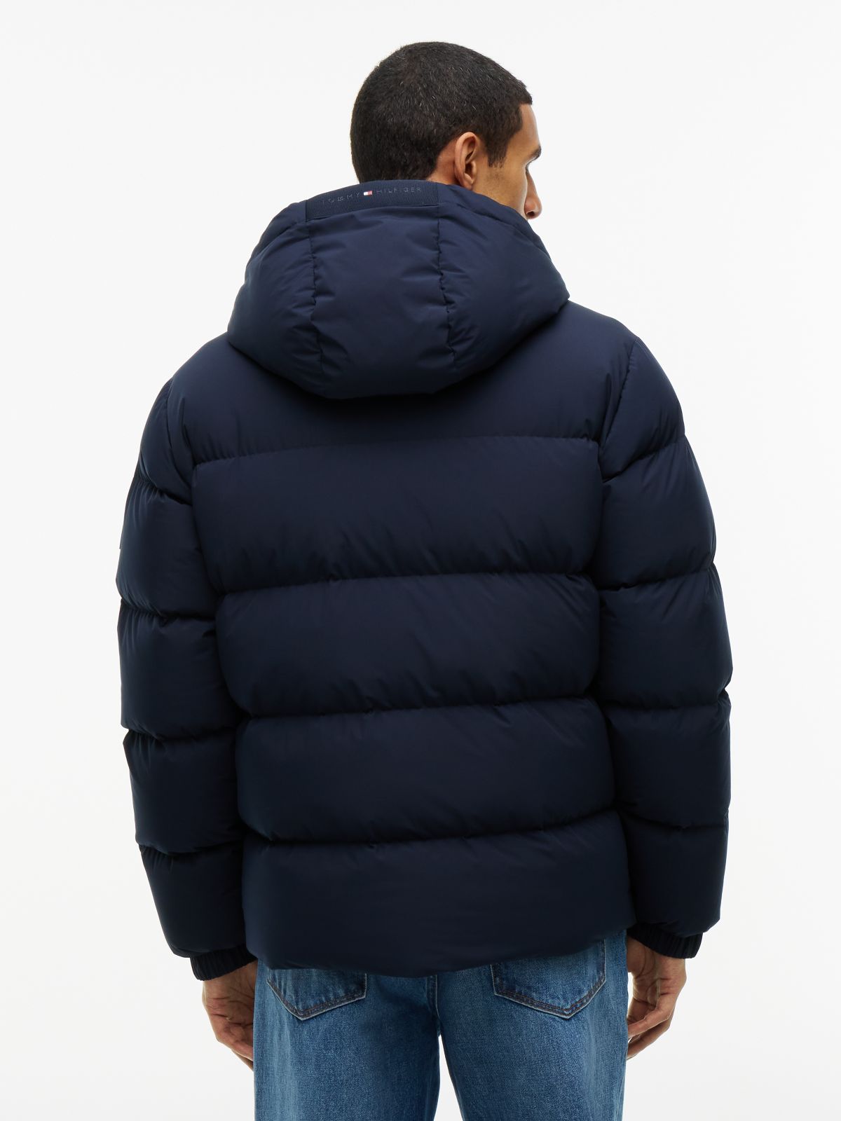 Logo Patch Down Hooded Puffer Jacket — Blue
