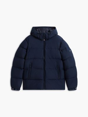 blue logo patch down hooded puffer jacket for men tommy hilfiger