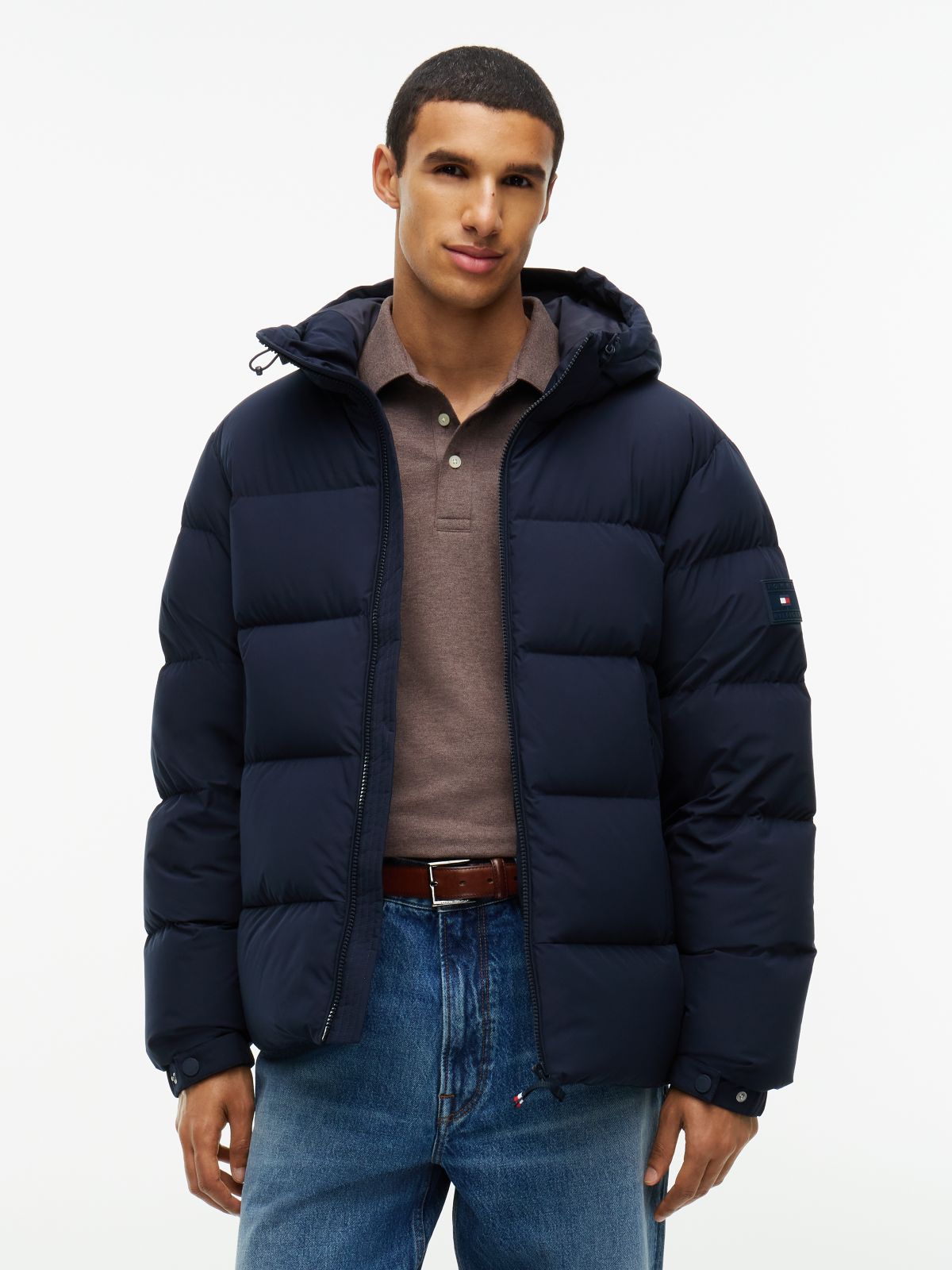 Logo Patch Down Hooded Puffer Jacket — Blue