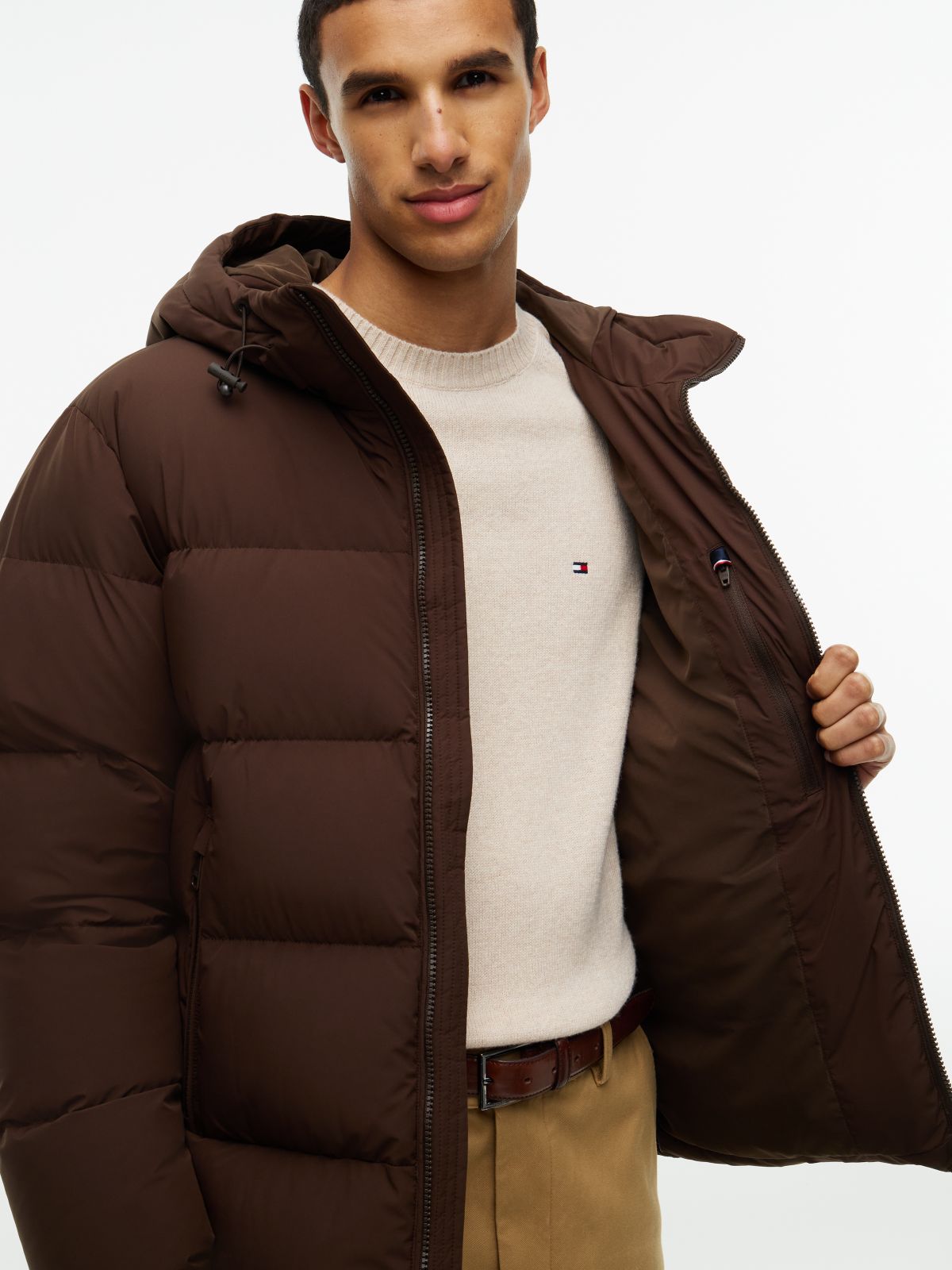 Logo Patch Down Hooded Puffer Jacket — Brown