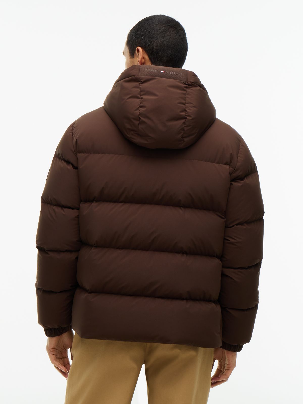Logo Patch Down Hooded Puffer Jacket — Brown