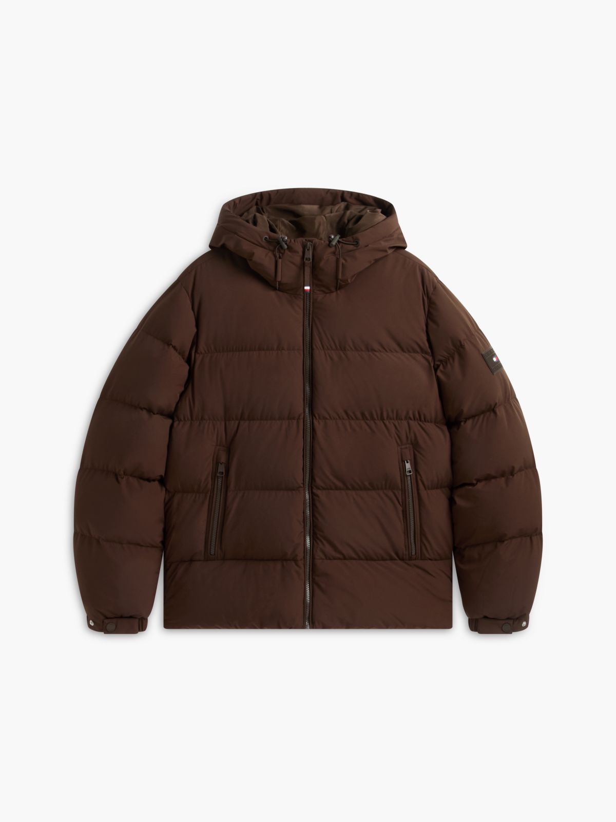 Logo Patch Down Hooded Puffer Jacket — Brown