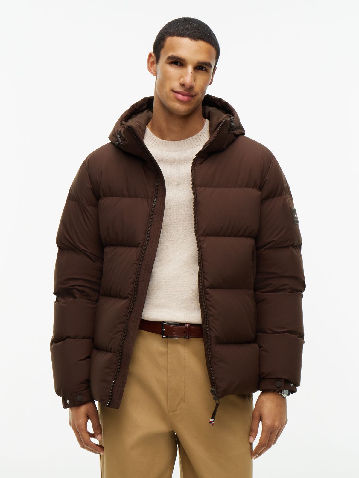 Logo Patch Down Hooded Puffer Jacket — Brown