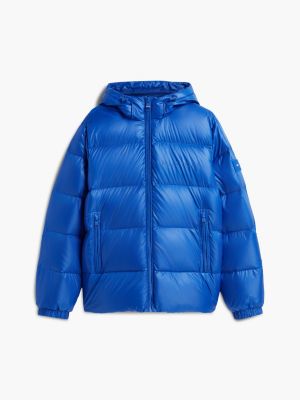 blau glänzende puffer-jacke mit kapuze und daunenfüllung für herren - tommy hilfiger