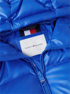 blau glänzende puffer-jacke mit kapuze und daunenfüllung für herren - tommy hilfiger