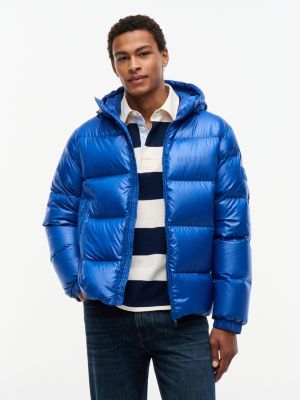blue glänzende puffer-jacke mit kapuze und daunenfüllung für herren - tommy hilfiger