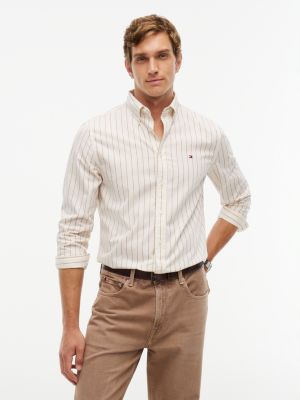 beige th flex regular fit stripe shirt for men tommy hilfiger