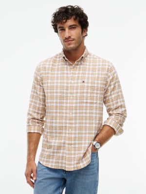 brown relaxed fit soft textured check shirt for men tommy hilfiger