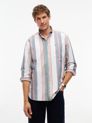 green oversized fit mixed stripe oxford shirt for men tommy hilfiger