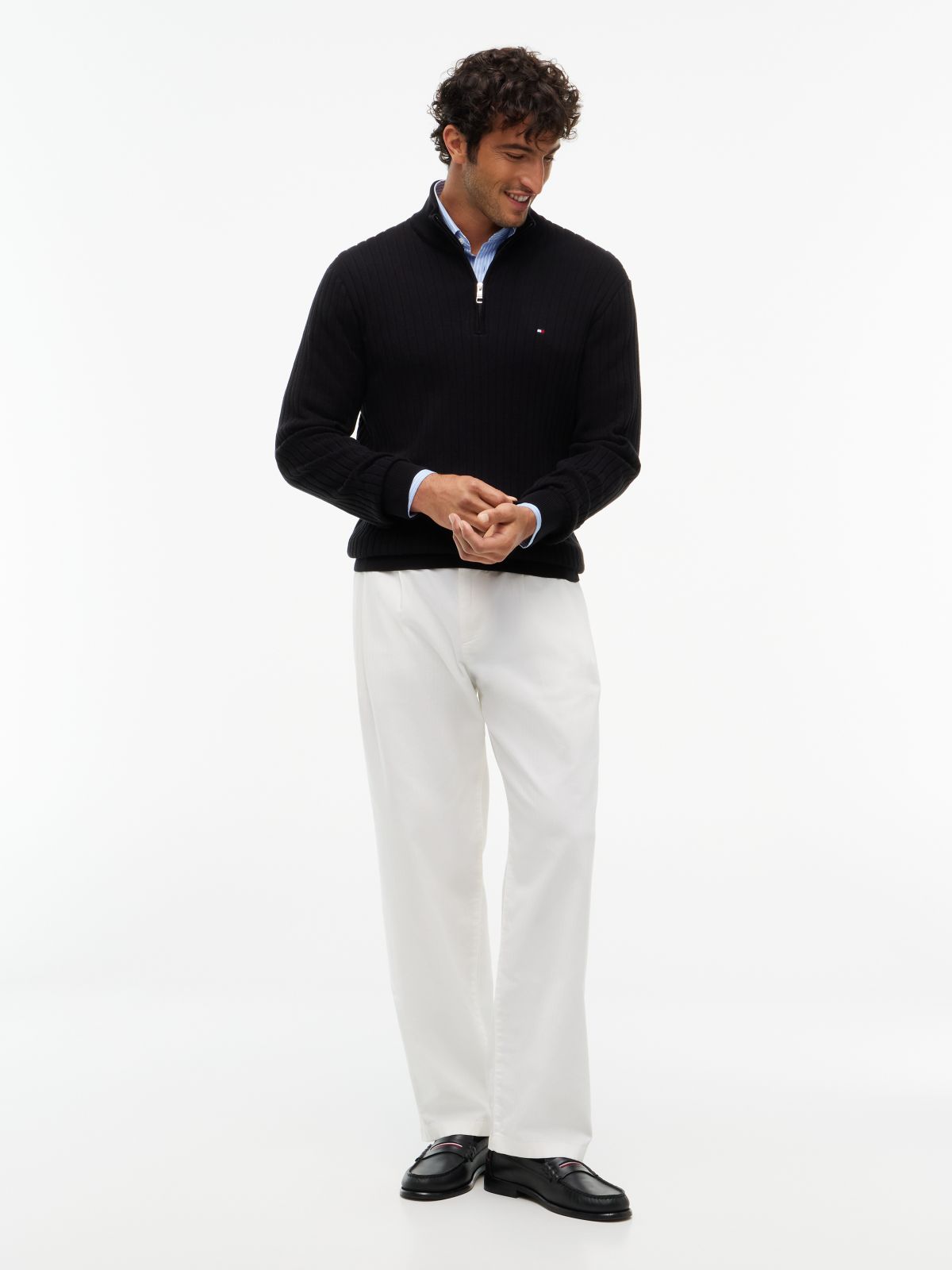 Wide Rib-Knit Quarter-Zip Jumper — Black