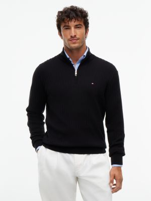 black wide rib-knit quarter-zip jumper for men tommy hilfiger
