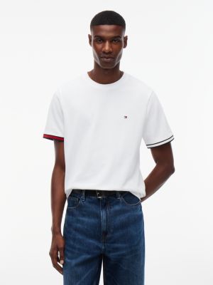 white tipped cuff pique crew neck t-shirt for men tommy hilfiger