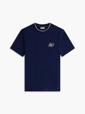 t-shirt con collo a contrasto e logo ricamato blue da uomini tommy hilfiger
