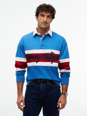 blue logo appliqué stripe relaxed rugby shirt for men tommy hilfiger