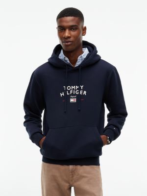 blue arch logo fleece drawstring hoody for men tommy hilfiger